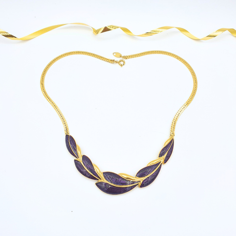 Vintage Trifari Necklace – Purple Enamel & Gold-Tone Leaf Design