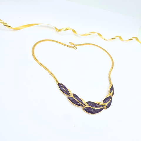 Vintage Trifari Necklace – Purple Enamel & Gold-Tone Leaf Design – view 2