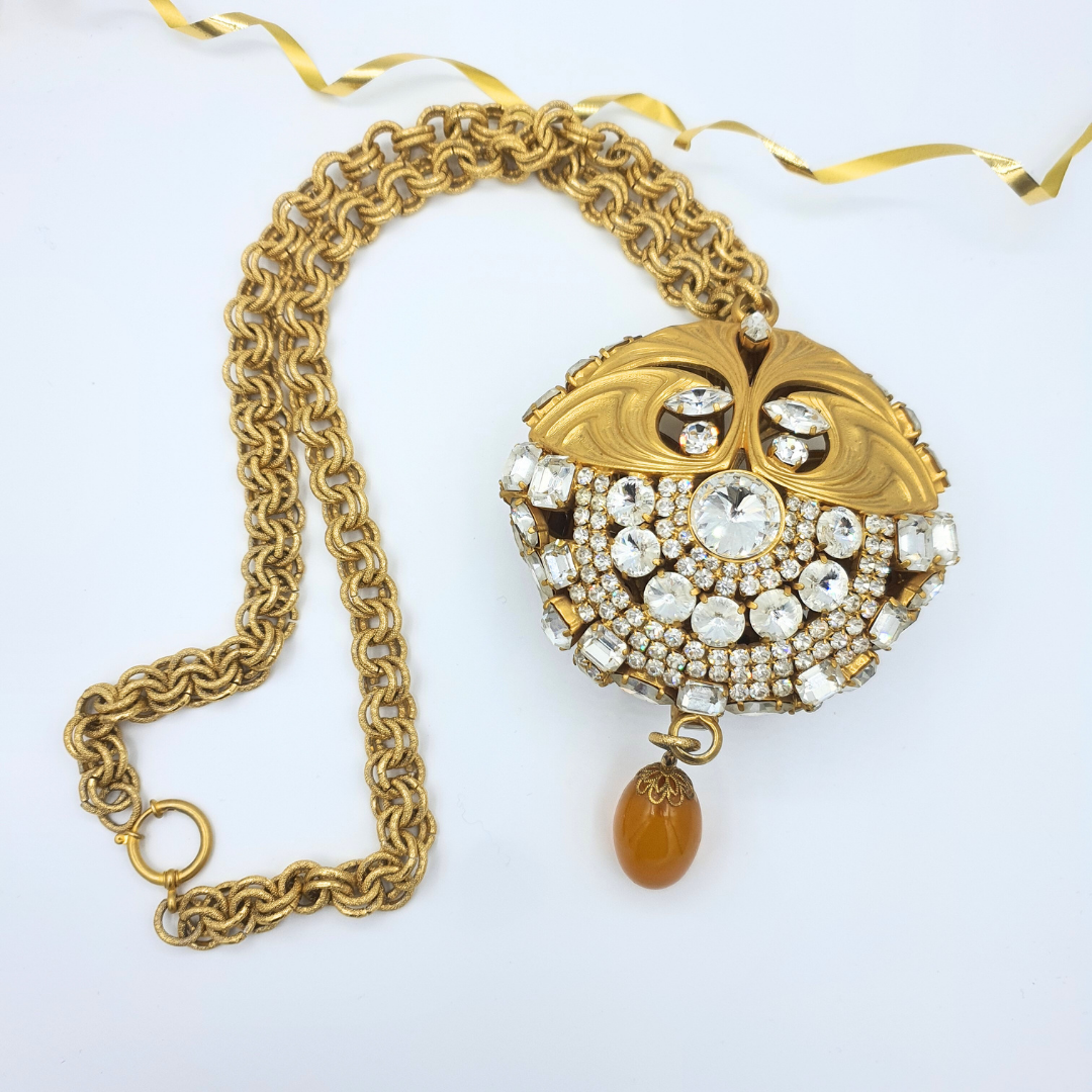 Vintage Couture Necklace – Statement Medallion with Crystals & Amber Drop – view 2