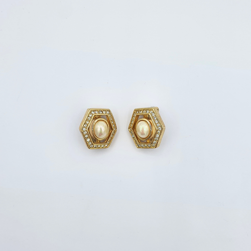 Vintage Christian Dior Hexagonal Faux Pearl Clip Earrings – view 2