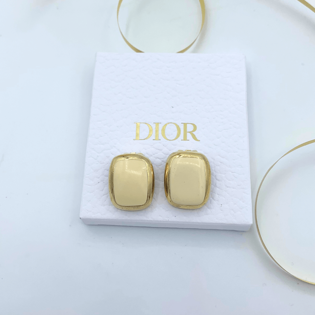Vintage Christian Dior Clip Earrings Gold Plated White Enamel 1980s – view 2