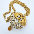 Vintage Couture Necklace – Statement Medallion with Crystals & Amber Drop – view 3