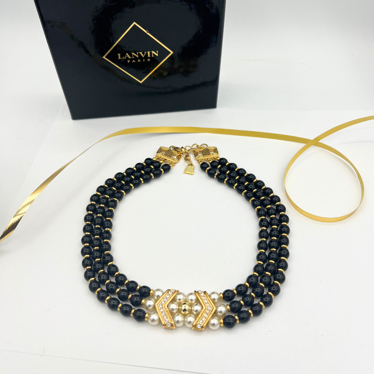 Vintage Lanvin Necklace Black Beads & Faux Pearls
