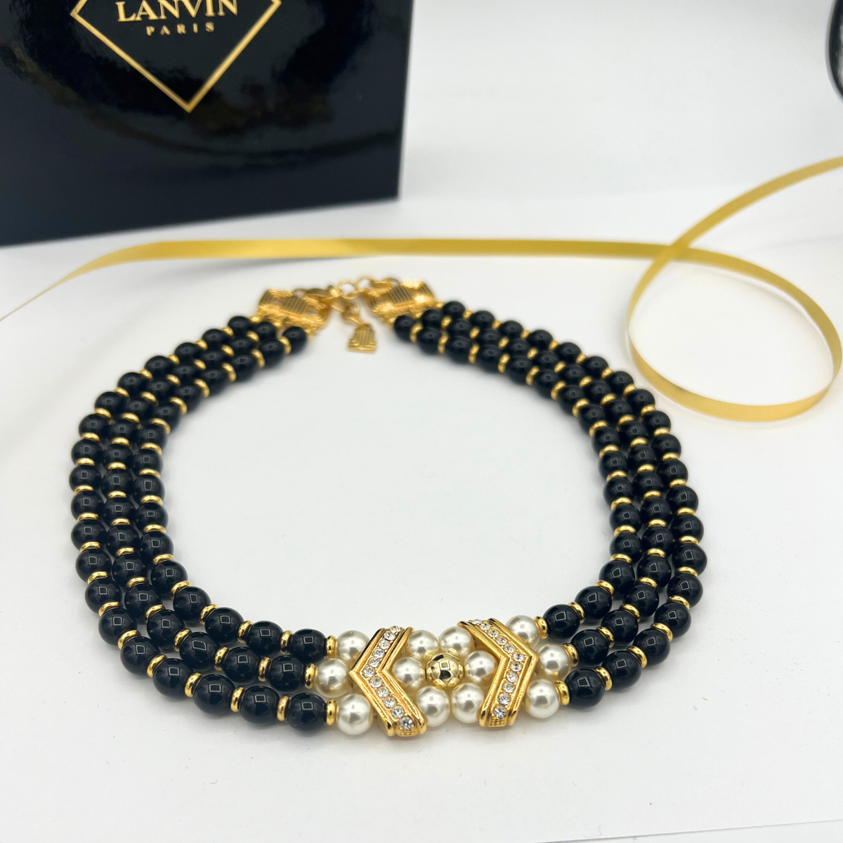 Vintage Lanvin Necklace Black Beads & Faux Pearls – view 2