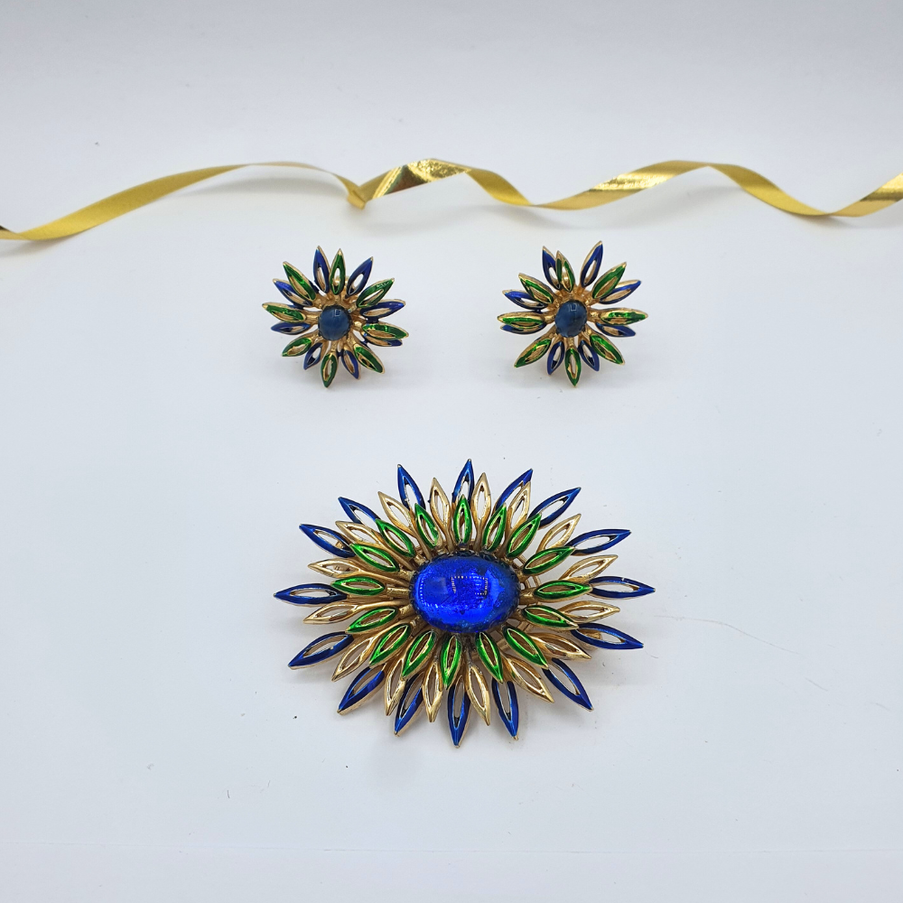 Vintage Trifari Blue & Green Enamel Clip Earrings – view 2