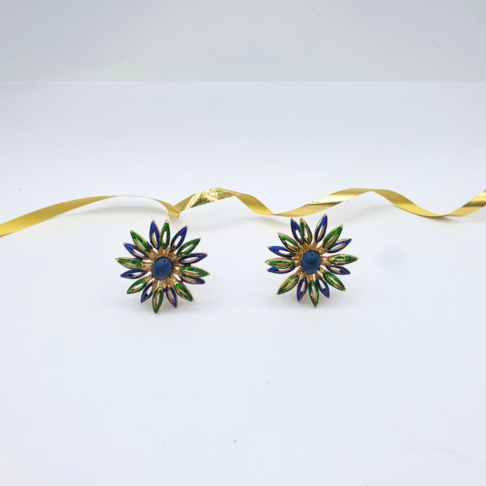 Vintage Trifari Blue & Green Enamel Clip Earrings