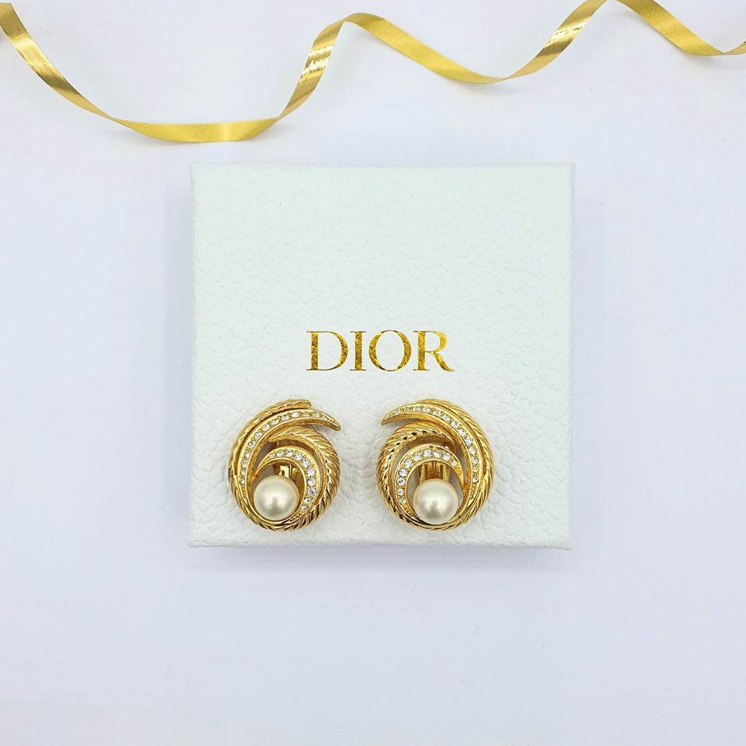 Vintage Christian Dior Scroll Faux Pearl Clip Earrings