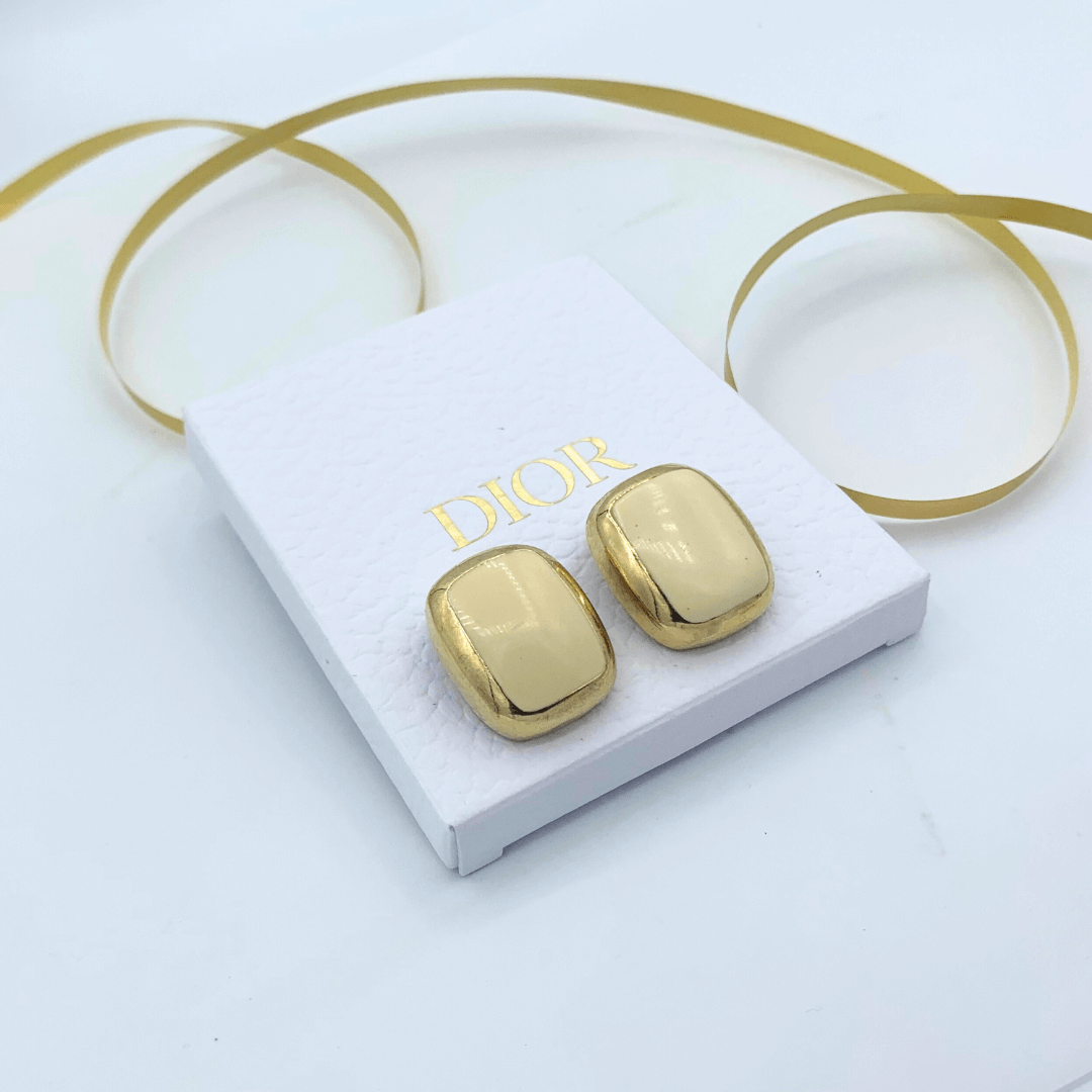 Vintage Christian Dior Clip Earrings Gold Plated White Enamel 1980s