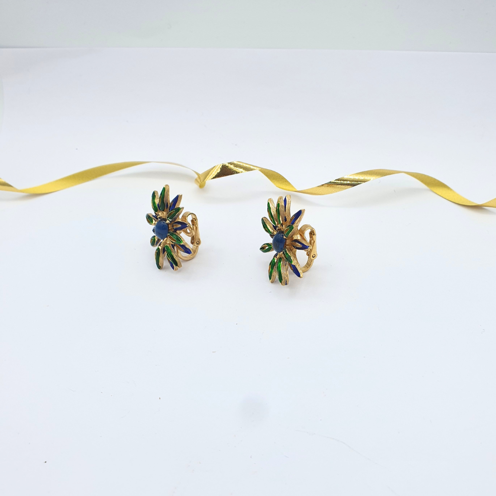 Vintage Trifari Blue & Green Enamel Clip Earrings – view 3