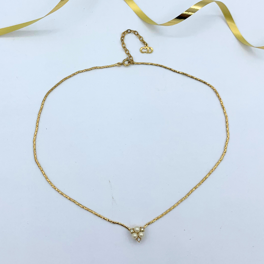 Vintage Christian Dior Small Pendant Crystal Necklace with Faux Pearls