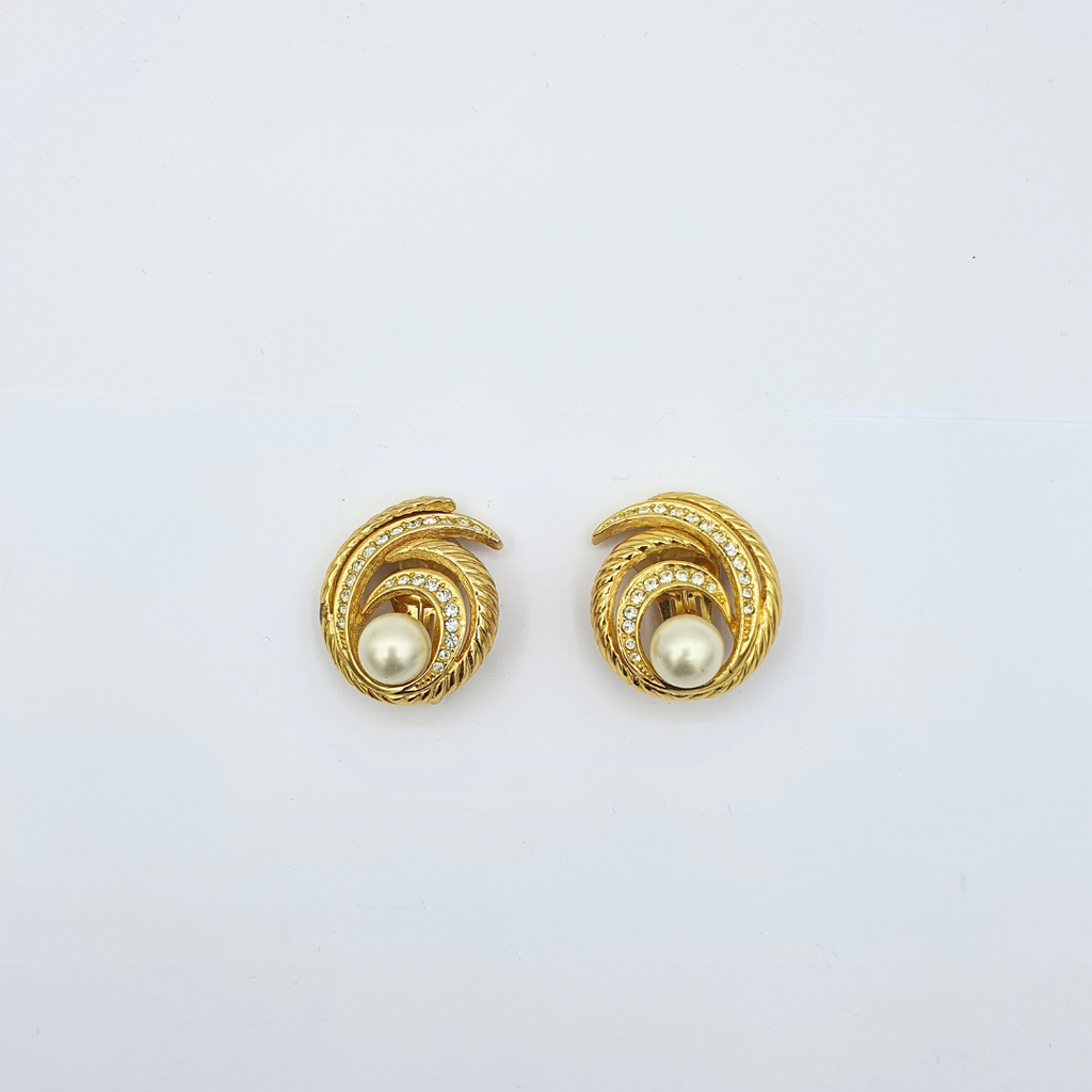 Vintage Christian Dior Scroll Faux Pearl Clip Earrings – view 2