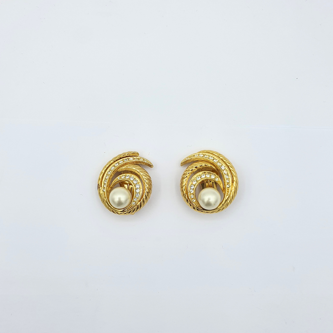 Vintage Christian Dior Scroll Faux Pearl Clip Earrings – view 2