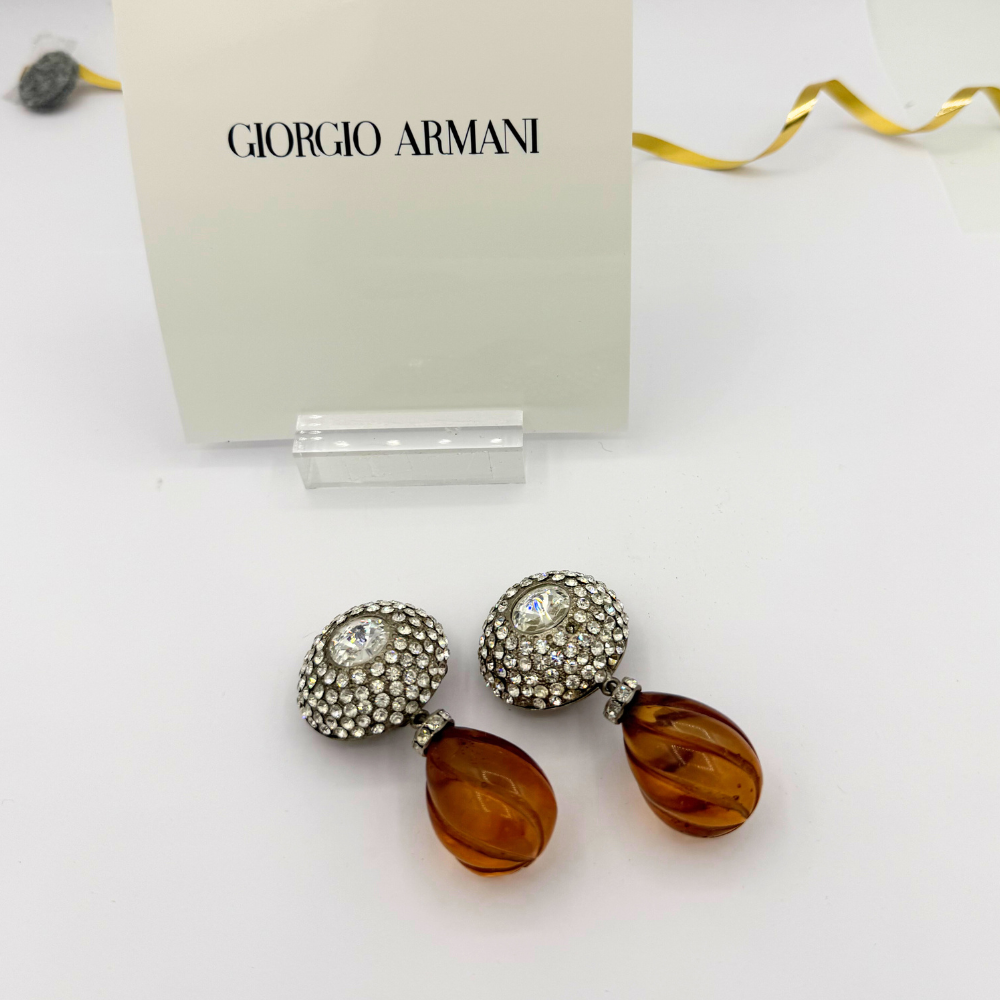 Vintage Giorgio Armani Rhinestone Clip Earrings with Amber-Coloured Drop – view 2