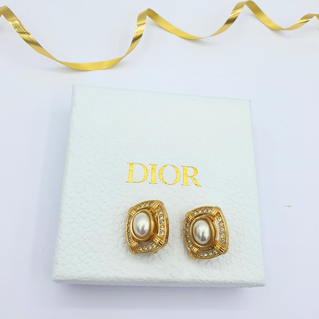Vintage Christian Dior Rounded Square Faux Pearl Clip Earrings