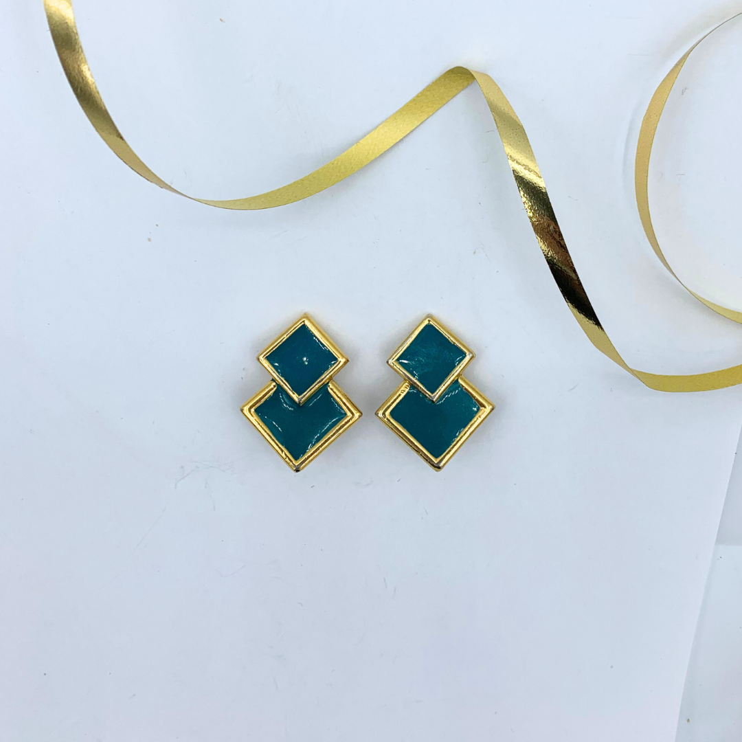 Vintage Lanvin Diamond-Shaped Green Clip Earrings – view 2