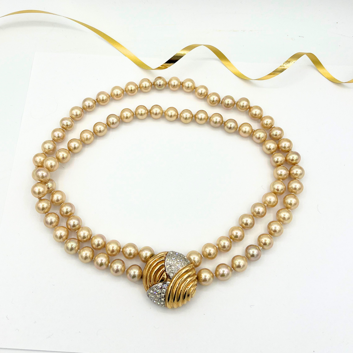 Vintage Valentino Double Pearl Necklace with Crystal-Set Clasp