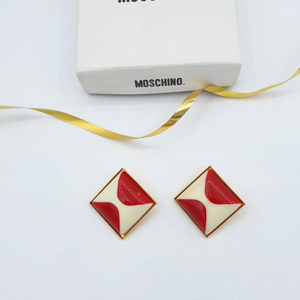 Vintage Moschino Diamond-Shaped Red Ear Clips