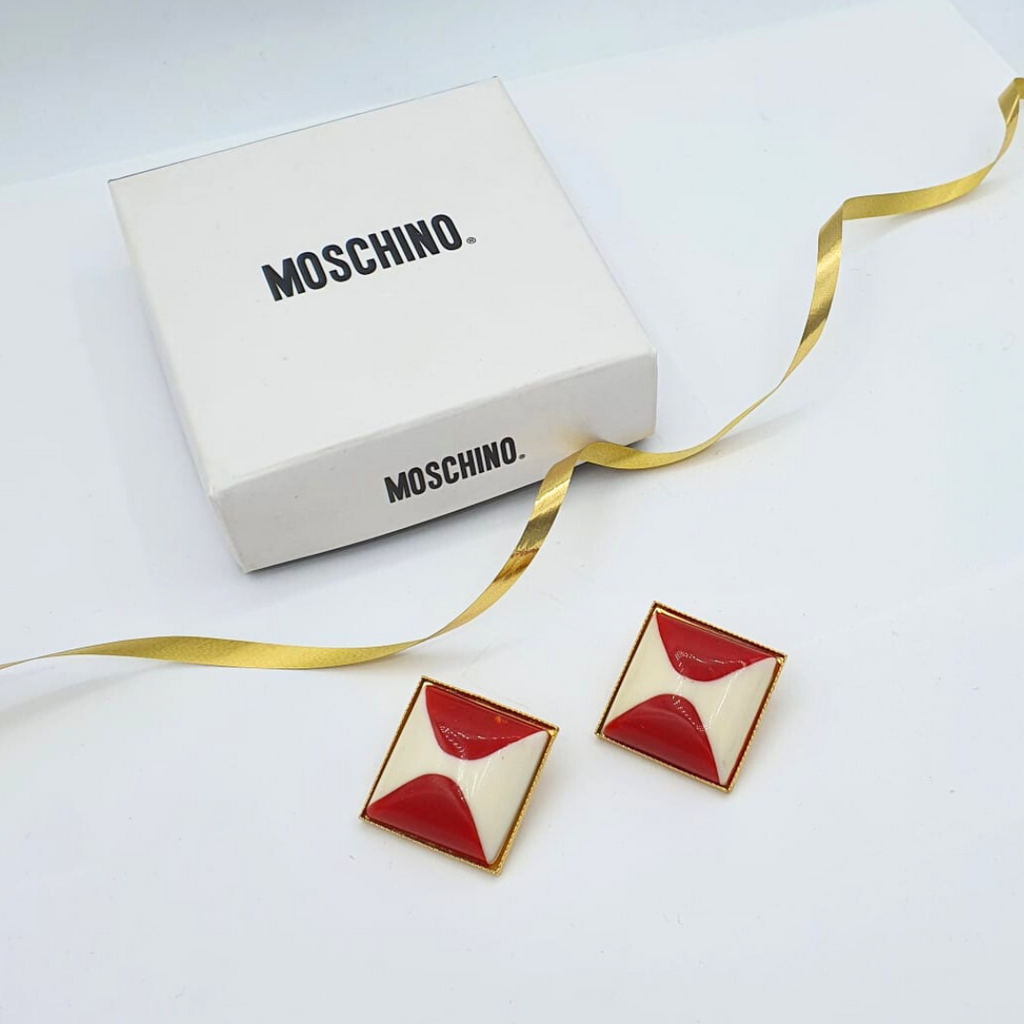 Vintage Moschino Diamond-Shaped Red Ear Clips – view 2