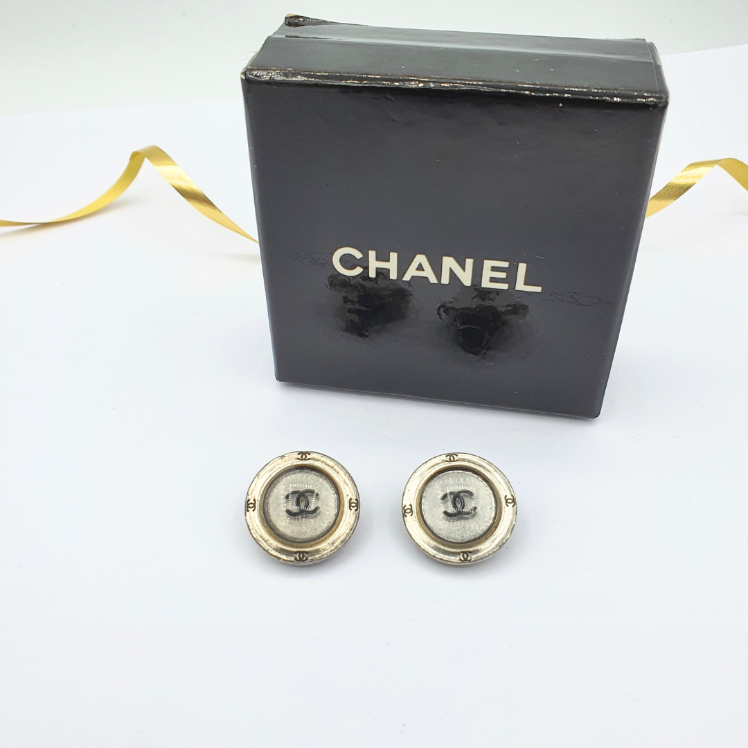 Vintage Button-Shaped Miniature CC Chanel Clip Earrings