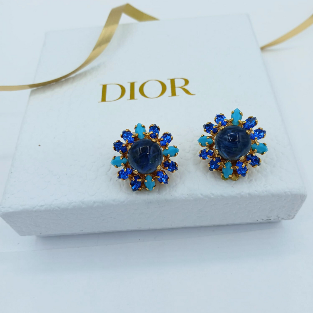 Vintage Christian Dior Round Blue Crystal Clip Earrings 1970s