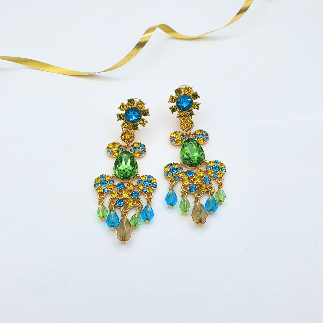 Vintage Oscar de la Renta Green Crystal Chandelier Clip Earrings