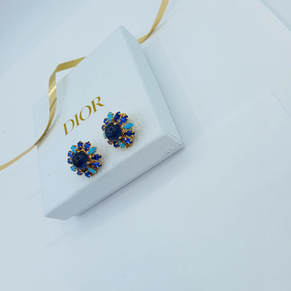 Vintage Christian Dior Round Blue Crystal Clip Earrings 1970s – view 2