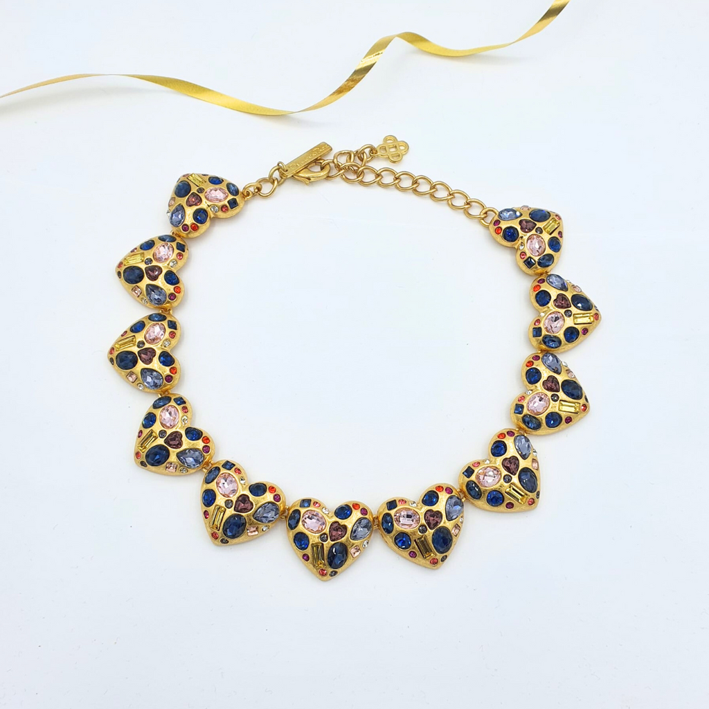Vintage Oscar de la Renta Multicolour Crystal Hearts Necklace