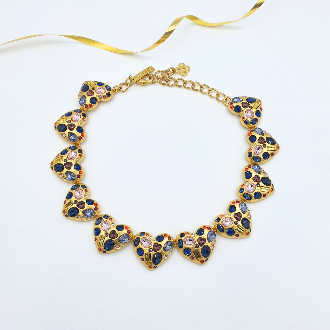 Vintage Oscar de la Renta Multicolour Crystal Hearts Necklace