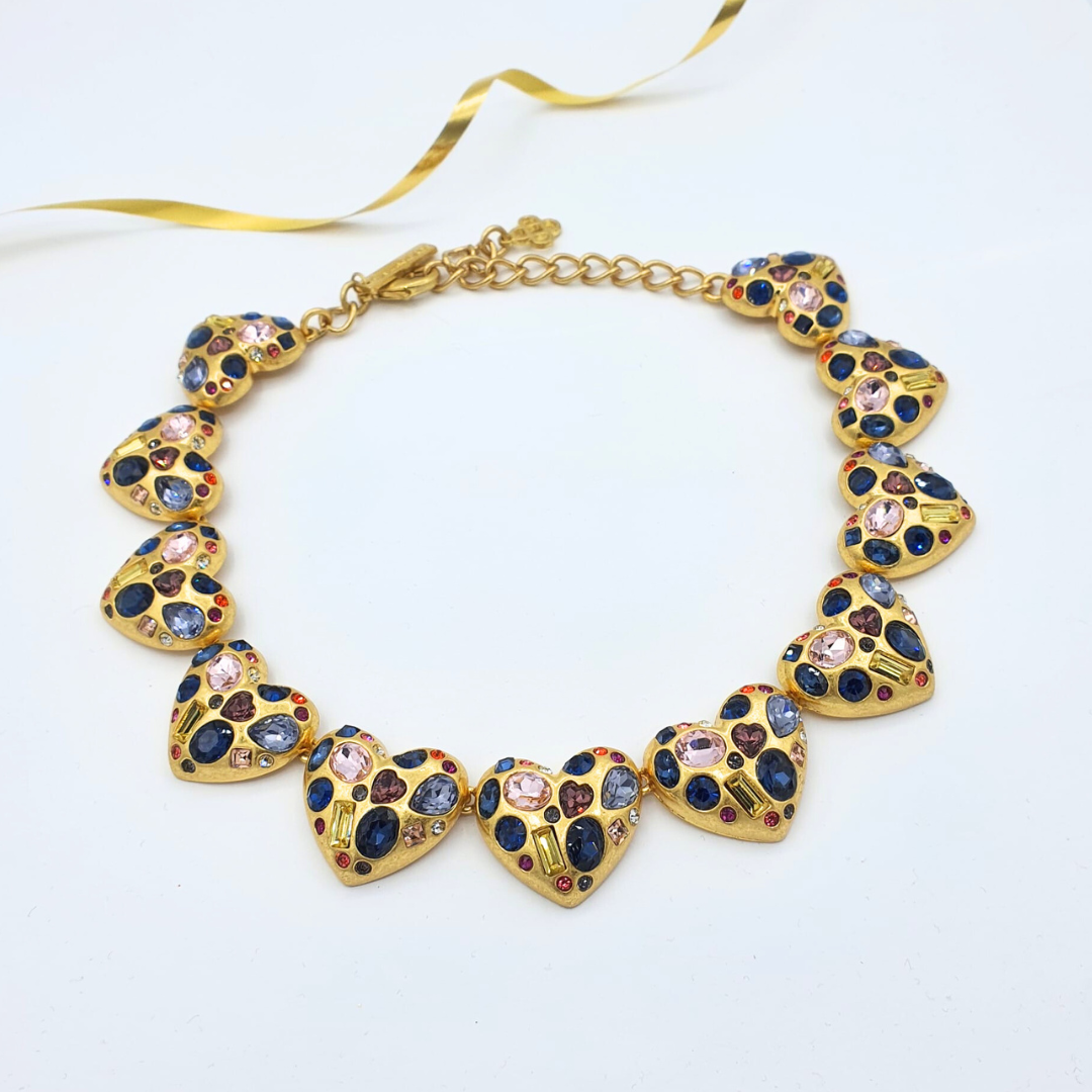 Vintage Oscar de la Renta Multicolour Crystal Hearts Necklace – view 3