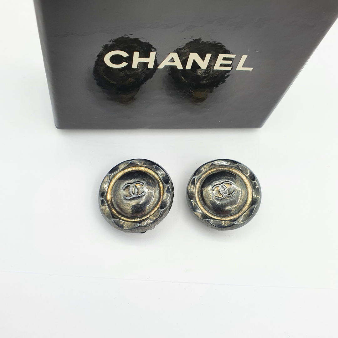 Vintage Dark Silver-Tone Chanel CC Clip Earrings