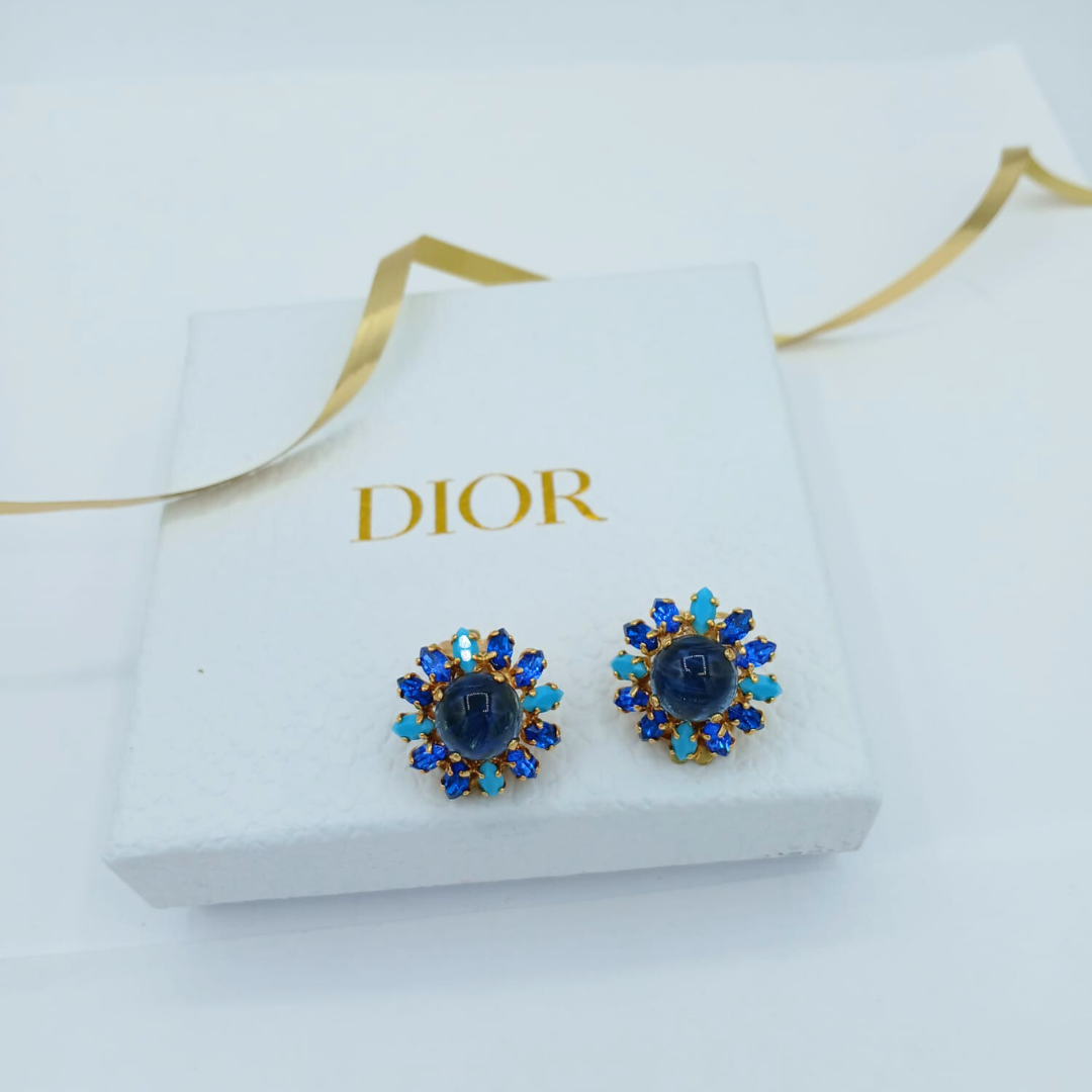 Vintage Christian Dior Round Blue Crystal Clip Earrings 1970s – view 3