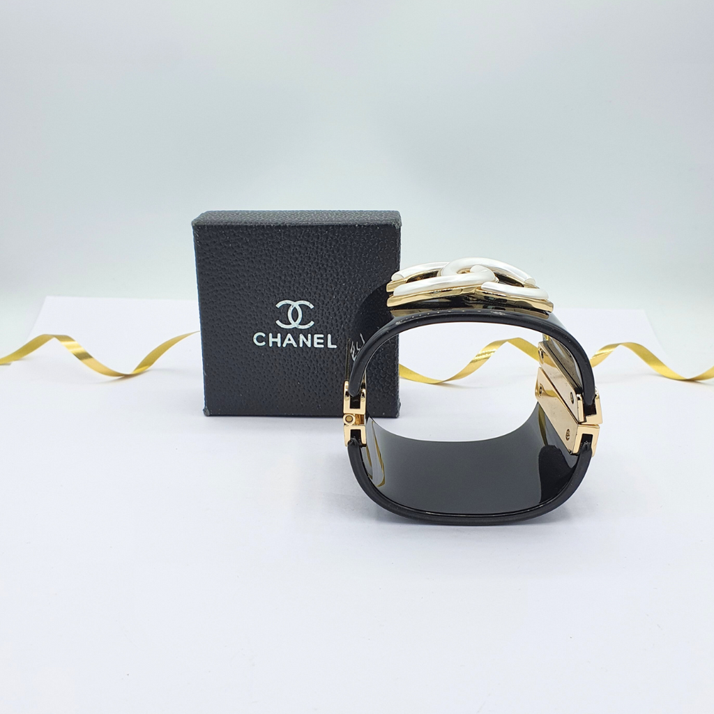 Vintage Black Chanel Oversized CC Logo White Enamel Bracelet – view 3