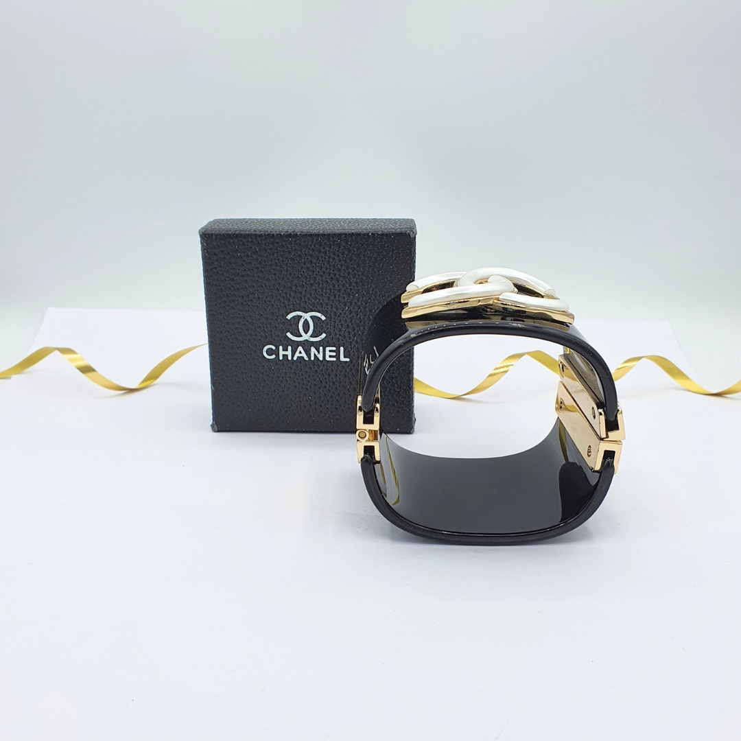 Vintage Black Chanel Oversized CC Logo White Enamel Bracelet – view 3