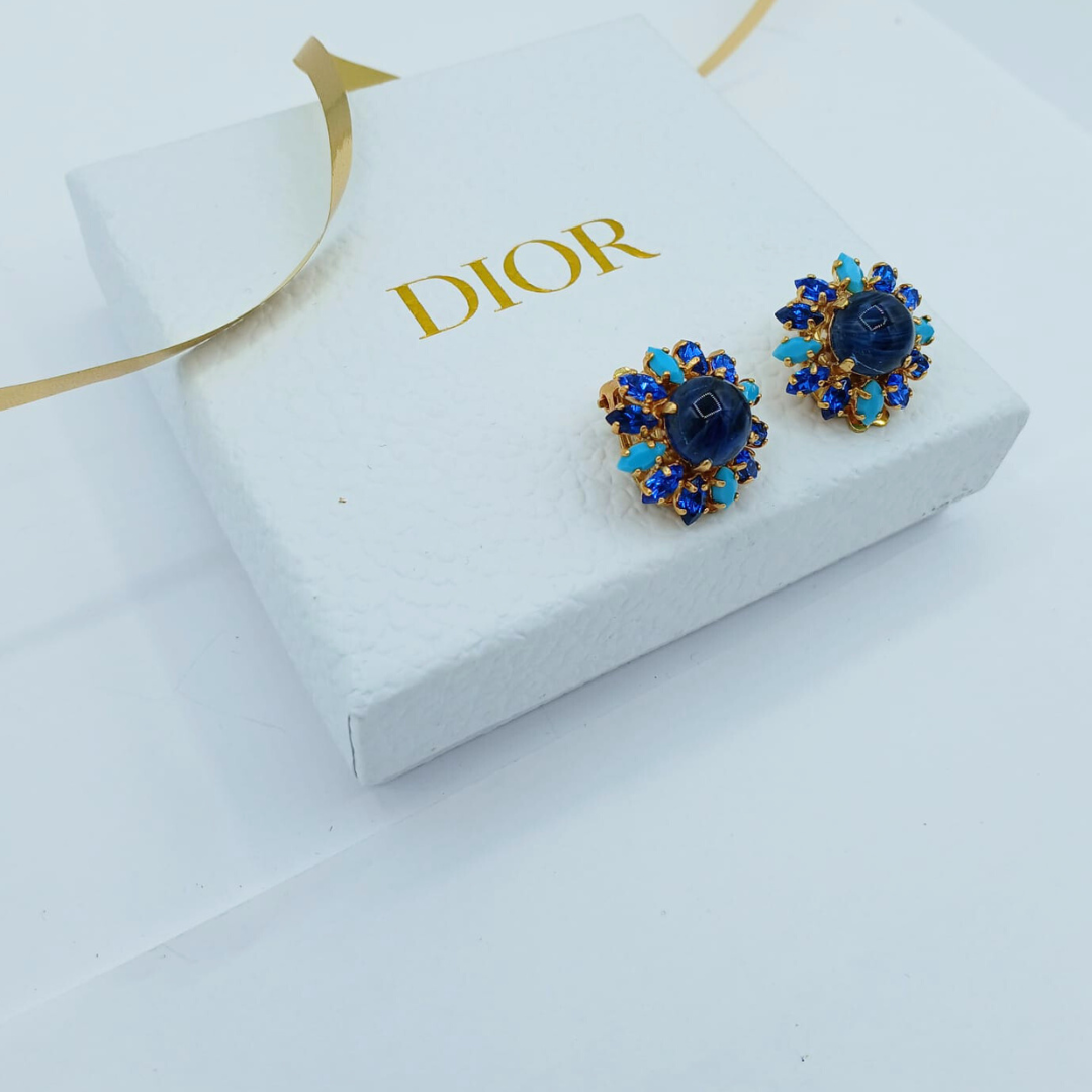 Vintage Christian Dior Round Blue Crystal Clip Earrings 1970s – view 4