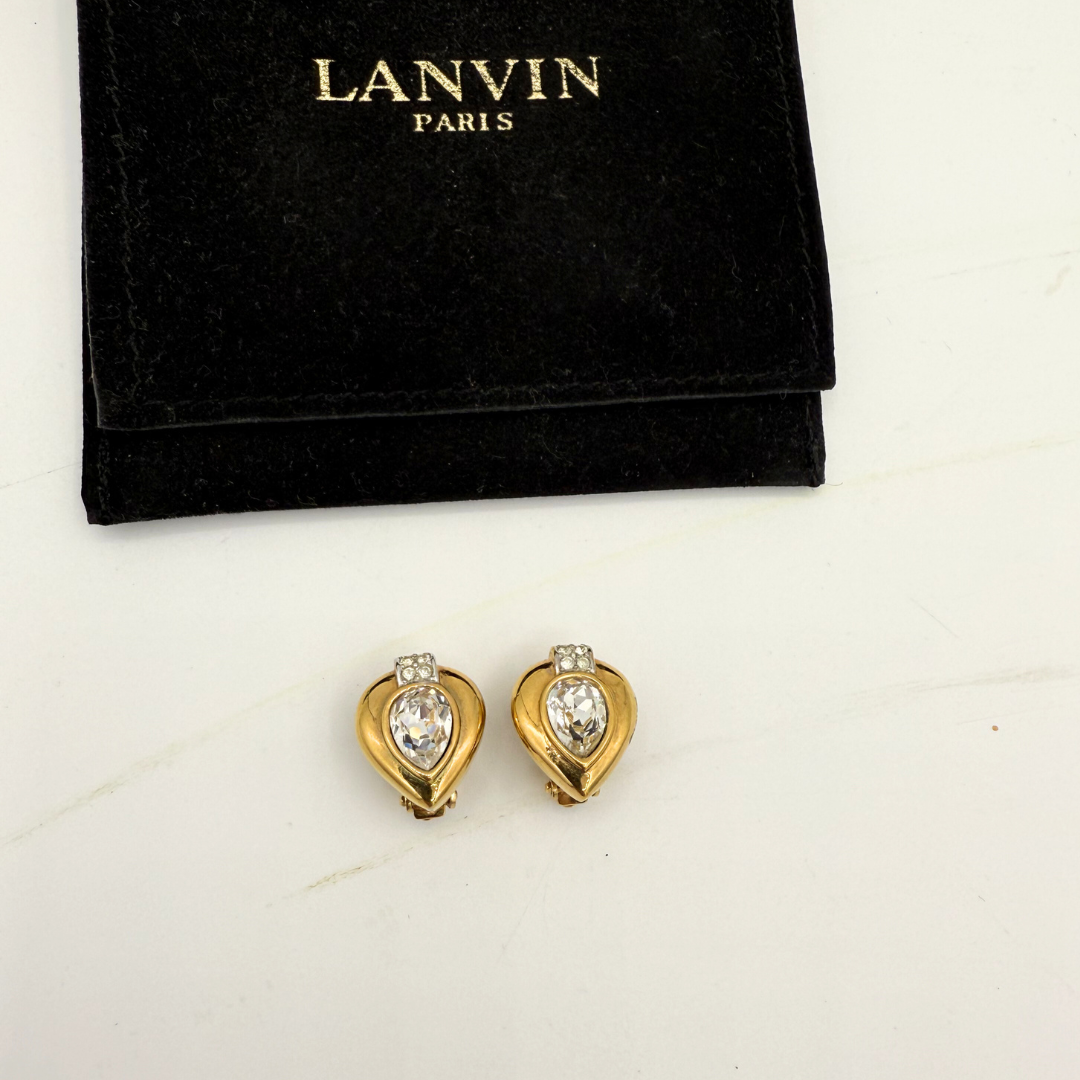Vintage Lanvin Crystal Heart-Shaped Clip Earrings