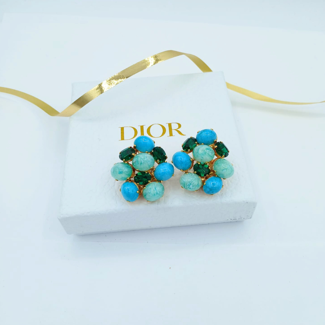 Vintage Christian Dior Flower-Shaped Cabochons Clip Earrings 1967 – view 3