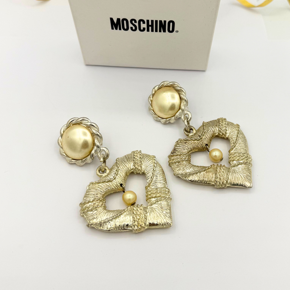 Vintage Moschino Heart-Shaped Clip Earrings with Faux Pearl – view 2