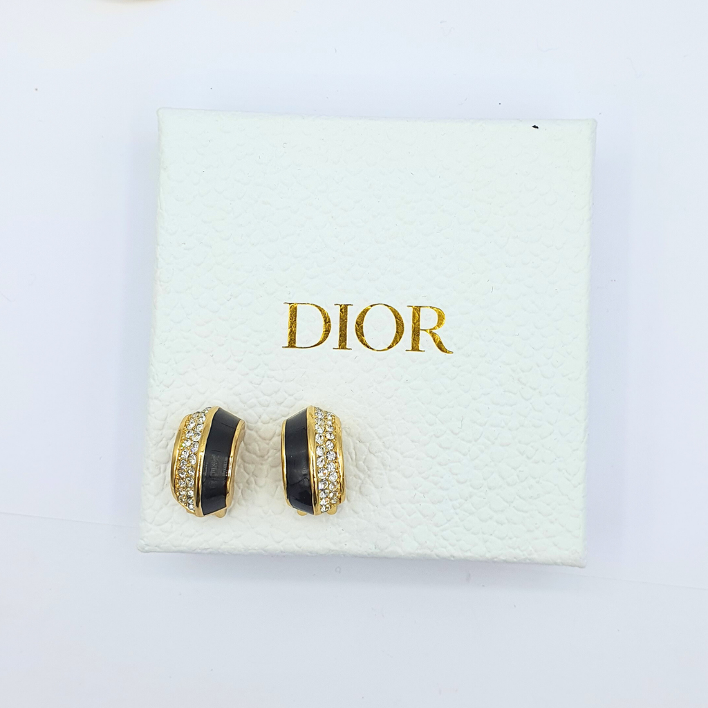 Vintage Christian Dior Half-Round Black Enamel Clip Earrings