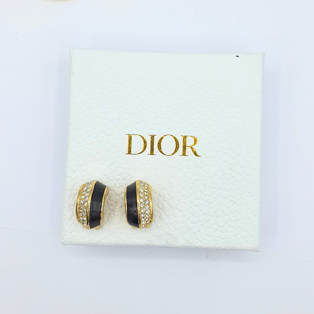 Vintage Christian Dior Half-Round Black Enamel Clip Earrings