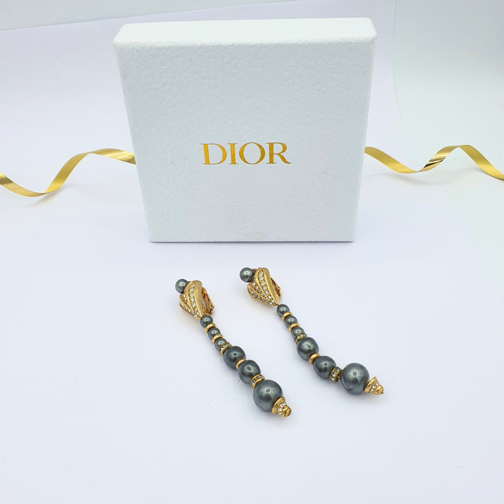 Vintage Christian Dior Long Elegant Faux Pearl Clip Earrings