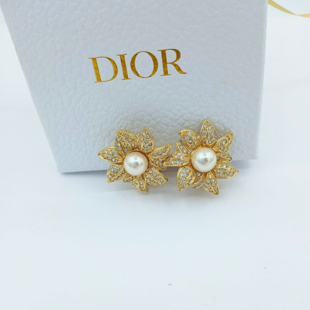 Vintage Christian Dior Open Flower Faux Pearl Earrings 1970s – view 2