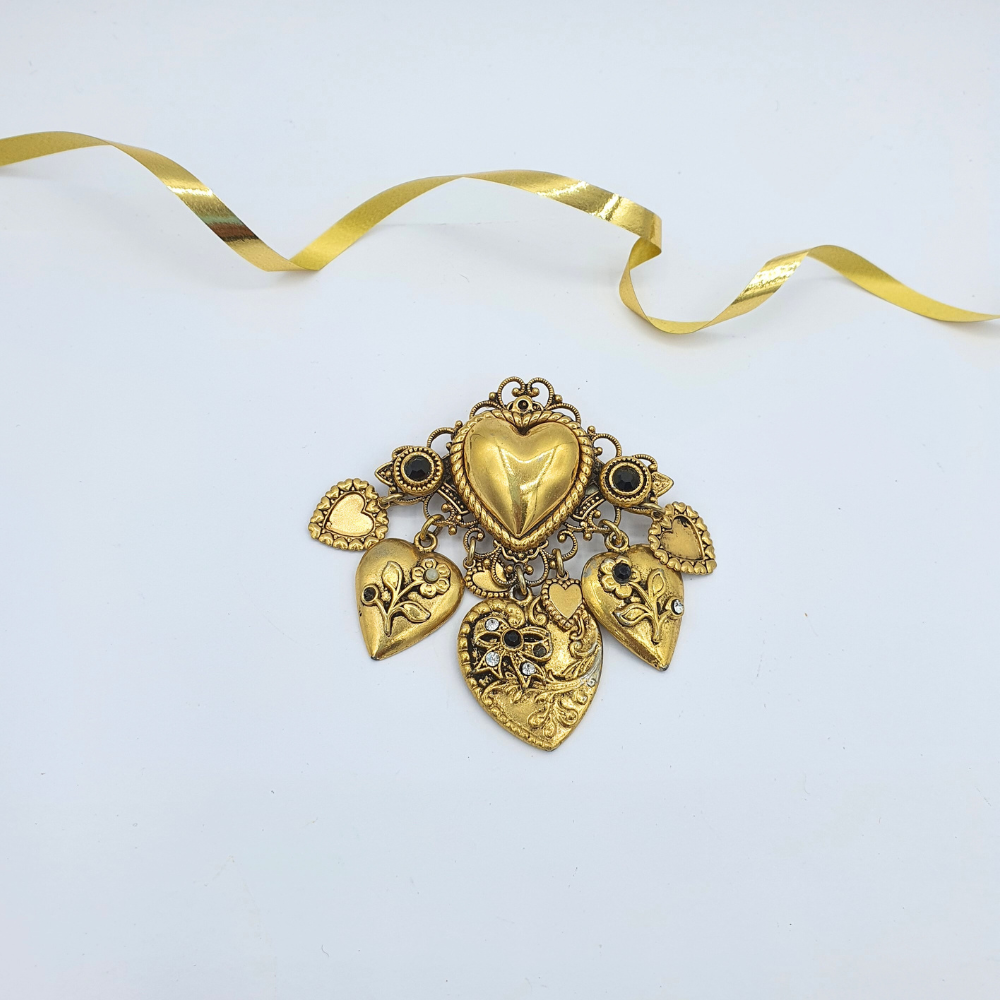 Vintage Zoe Coste Brooch with Dangling Heart Charms
