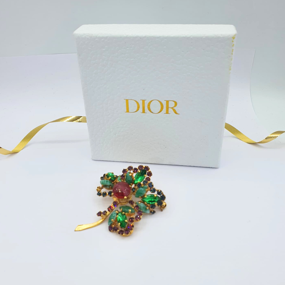 Vintage Signed Christian Dior Brooch – 1958 – Floral Motif with Crystals – view 3
