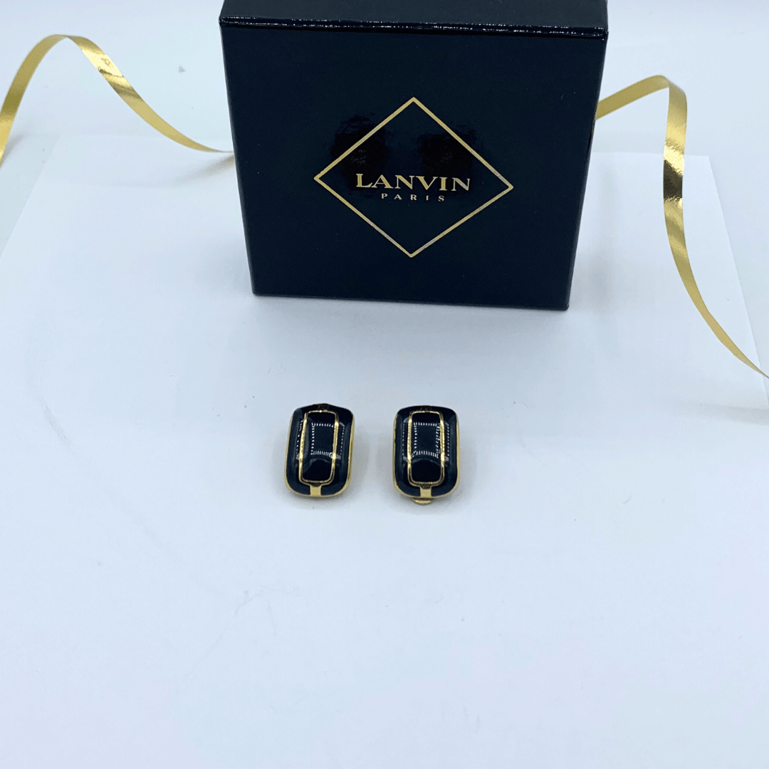 Vintage Lanvin Rectangular Black Gold-Framed Clip Earrings – view 2