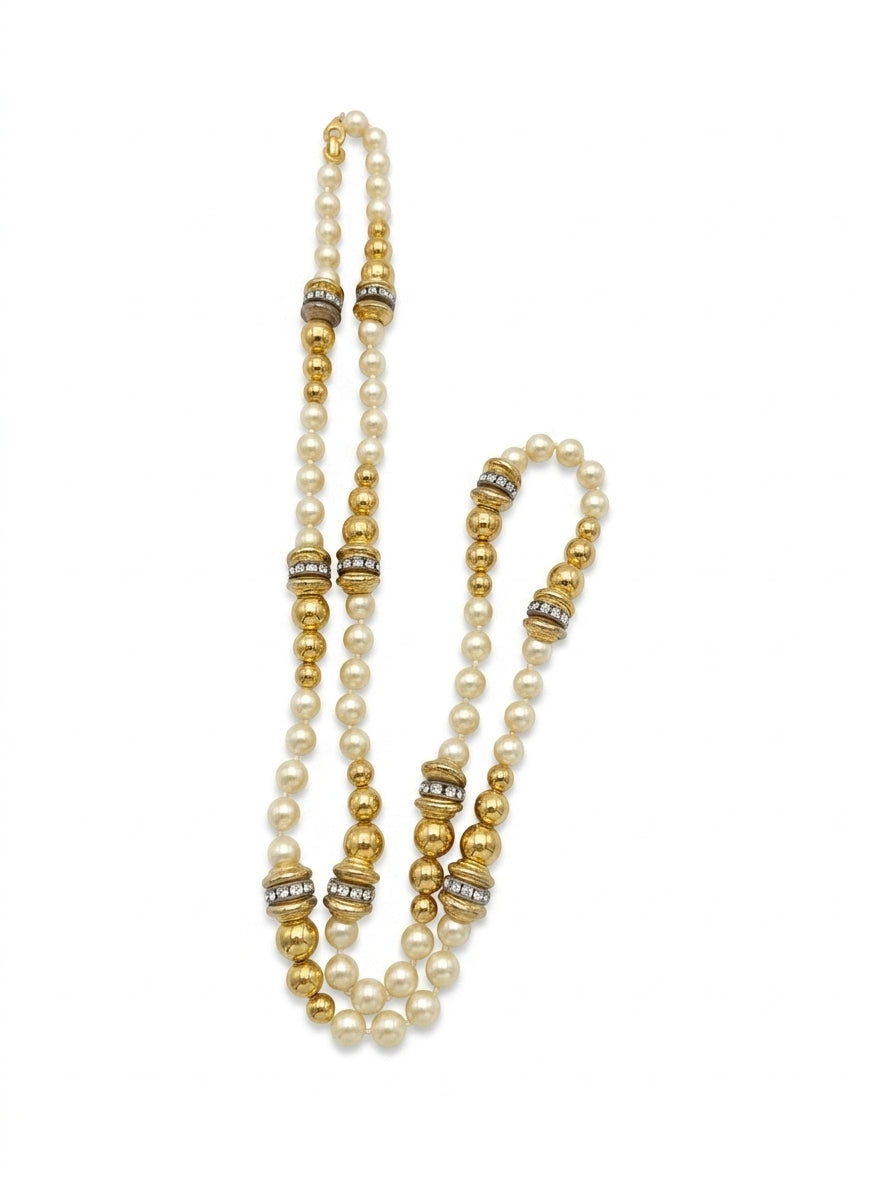 Vintage Christian Dior Long Pearl & Gold Sautoir Necklace