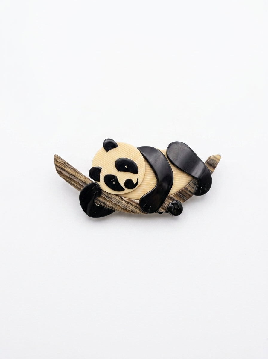 Vintage Lea Stein Panda on Branch Brooch in Rhodoid