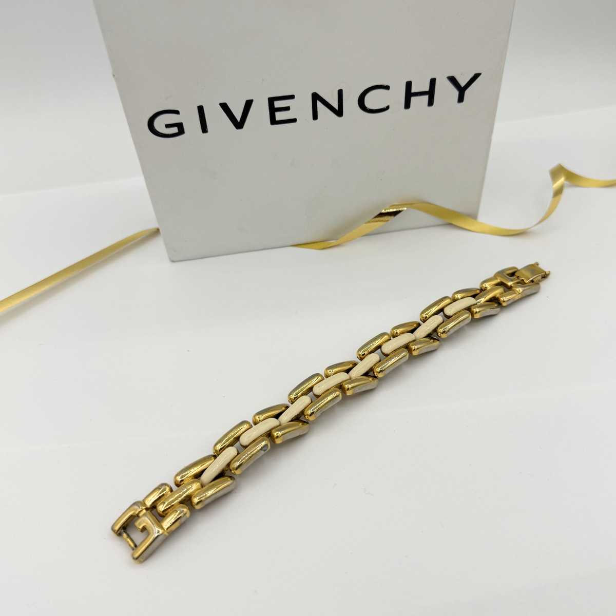 Vintage Givenchy Wide Chain Bracelet White Enamel