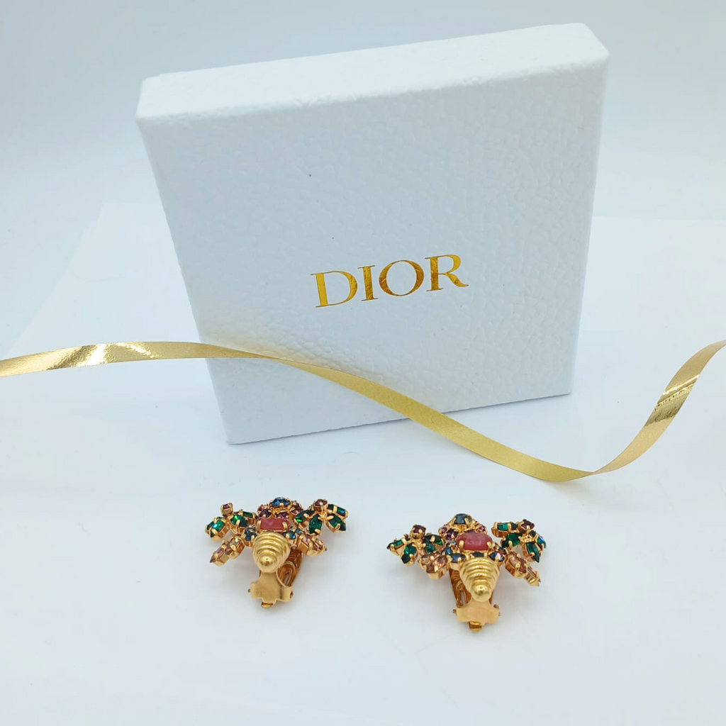 Vintage Christian Dior Flower Basket Crystal Clip Earrings 1971 – view 3