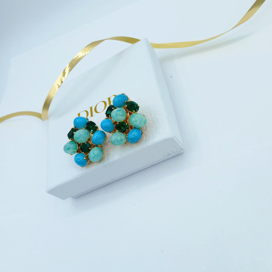 Vintage Christian Dior Flower-Shaped Cabochons Clip Earrings 1967