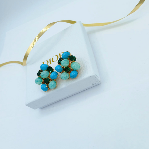 Vintage Christian Dior Flower-Shaped Cabochons Clip Earrings 1967